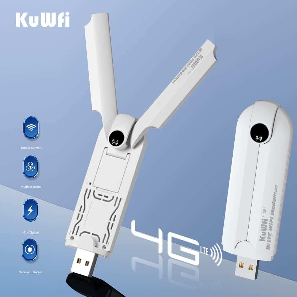 KuWfi USB Stick, WLAN Stick, 150Mbps 4G Dongle mit SIM Slot, 2 Externe Antenne, USB LTE Stick Arbeitet mit den meisten europäischen SIM-Karten, Mobile WiFi Router Verbindet bis zu 10 drahtlose Geräte