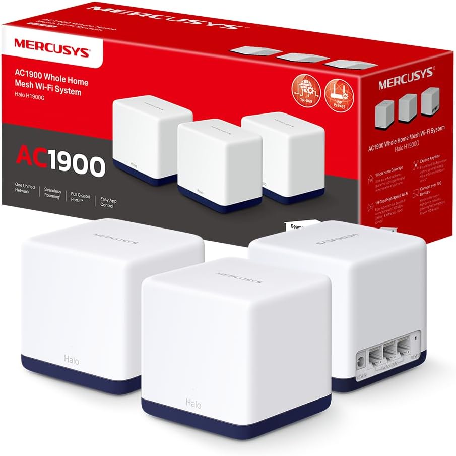 Mercusys Halo H1900G (3er-Pack) TP-Link WiFi Mesh Dual-Band WLAN-Router AC1900 Mbps, Abdeckung bis zu 550 m², 3 Gigabit-Ports, WLAN-Repeater, leistungsstarke Kindersteuerung, erfüllt das Haus mit WLAN