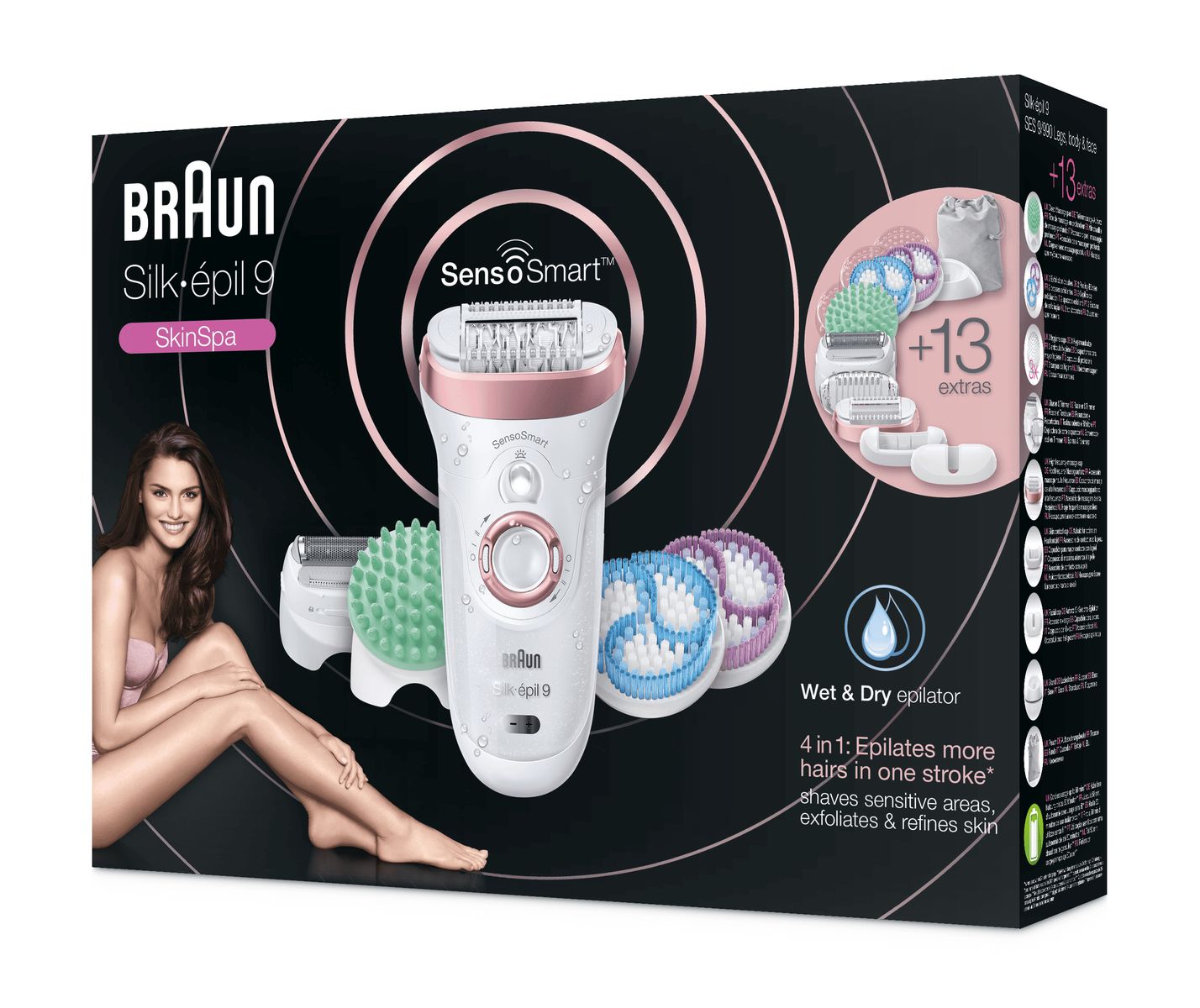 Braun Silk-epil 9 beauty set epilator ladies for hair removal attachments for shaver exfoliation massage for body 9-990 rose/gold single