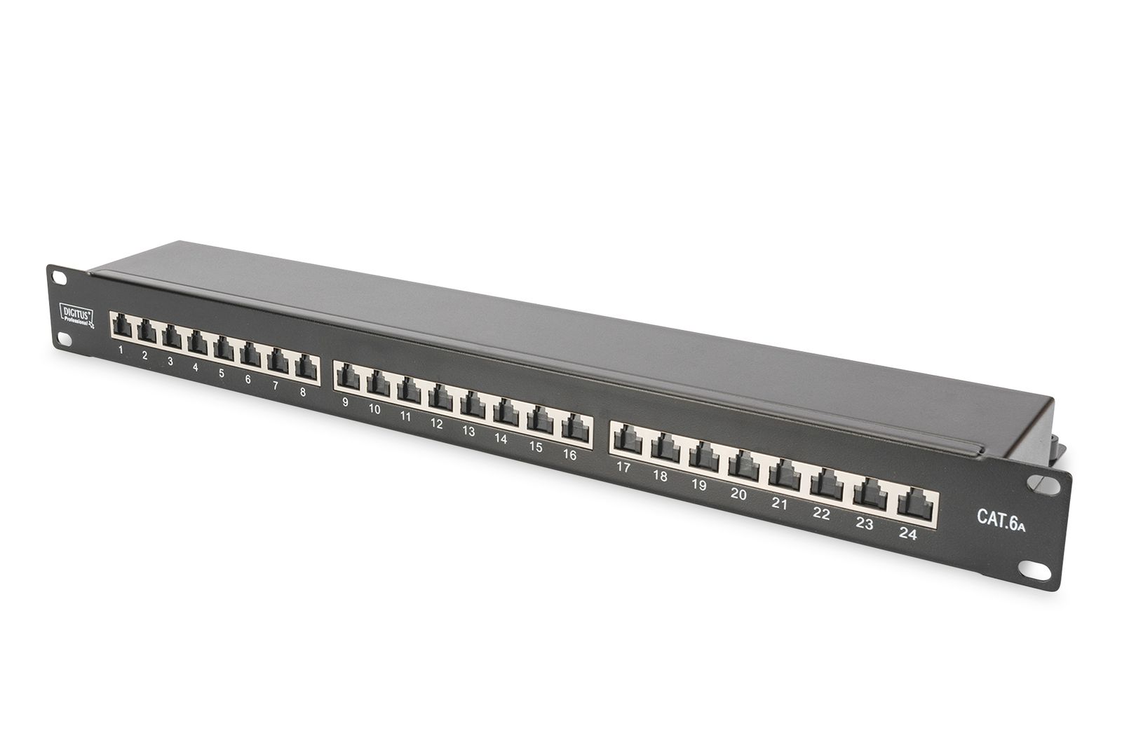 DIGITUS Patchpanel - 19-Zoll - Cat-6A - 24-Port RJ45 - Geschirmt - LSA Patch-Feld - Rack-Montage 1HE - Schwarz Cat 6A - Geschirmt 24-Port - 19-Zoll - 1HE Schwarz
