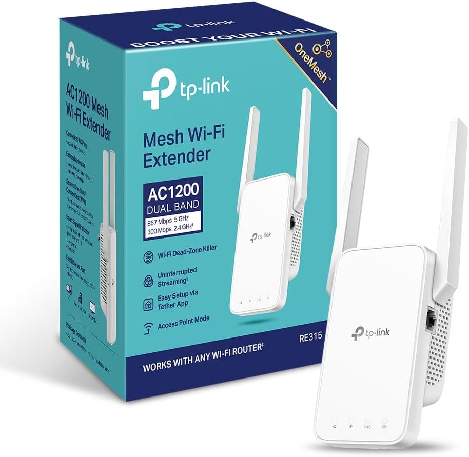 TP-Link RE315(UK) V1.0 AC1200 Mesh WLAN Repeater, Dual-Band 2,4/5 GHz, LAN, Weiß, UK-Stecker