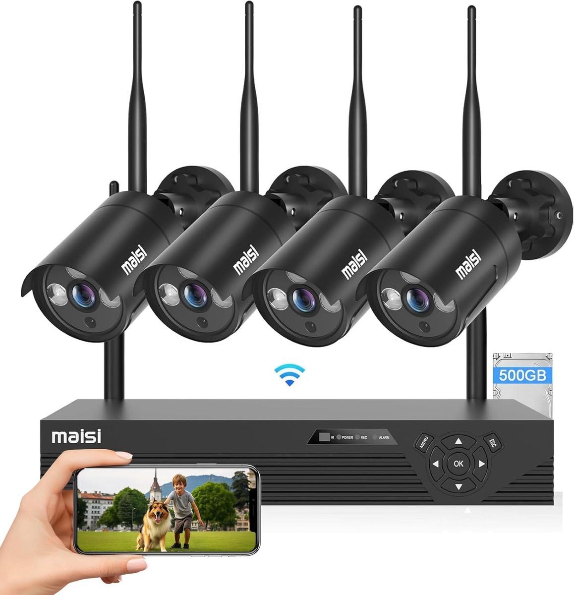 Maisi 87708 Drahtloses CCTV-Kamerasystem 3MP HD, 4CH NVR, 4 Außenkameras, Bewegungserkennung, Tag-/Nachtsicht, 500 GB Festplatte
