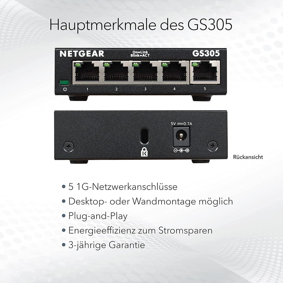 NETGEAR GS305 Switch 5 Port Gigabit Ethernet LAN Switch Plug-and-Play Netzwerk Switch LAN Verteiler Hub energieffizient lüfterlos robustes Metallgehäuse