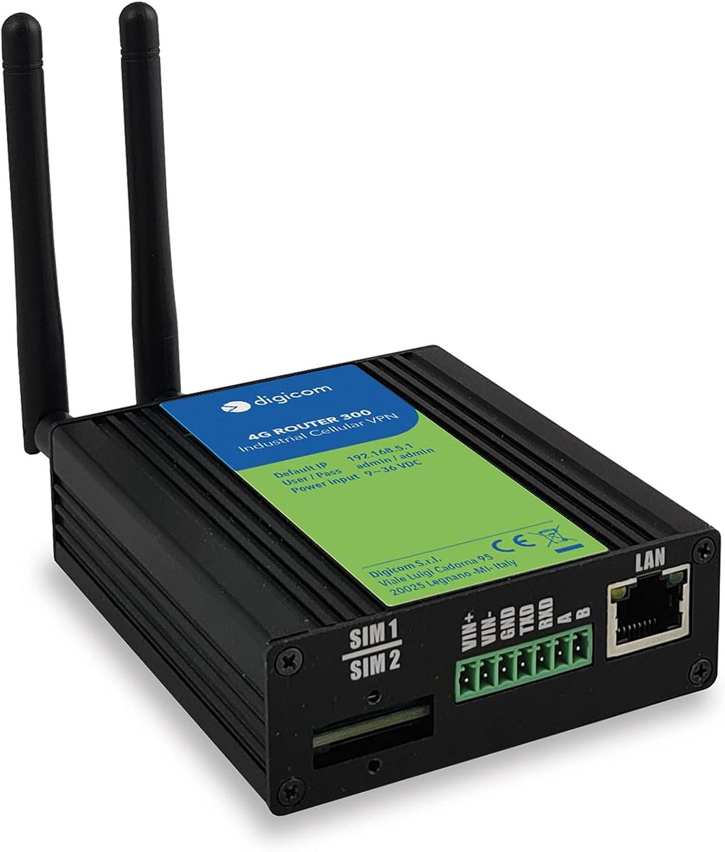 Digicom 4G Industrie-Router CAT4 150Mbps, 1 LAN-Port 10/100BT, RS232-RS485, Unterstützung ModBUS, Dual-SIM, erweiterte Stromversorgung 9-36VDC, abnehmbare Antennen, DIN-Schiene, schwarz