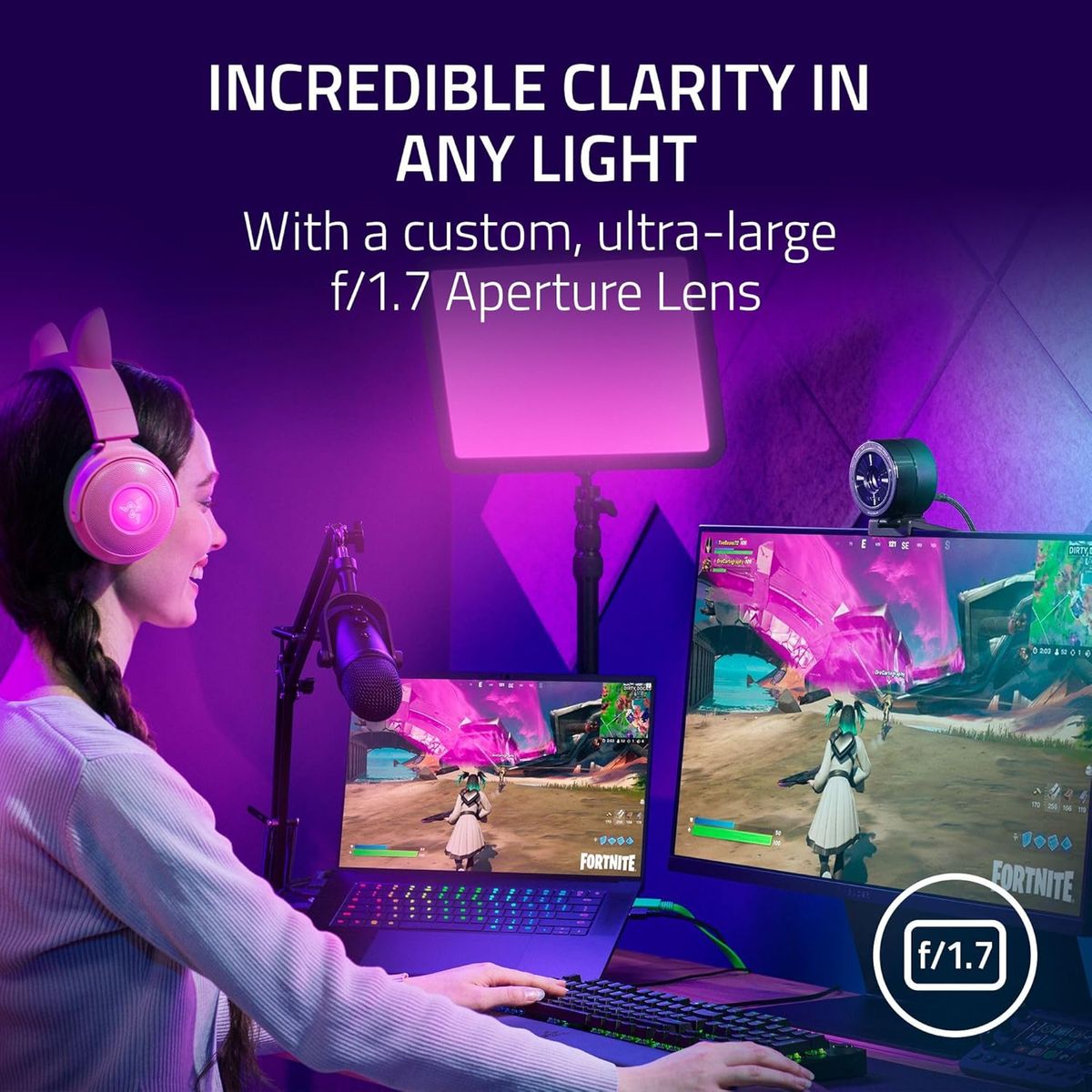 Razer Kiyo Pro Ultra 4K Webcam Großer Sensor Automatische Lichtkorrektur Eingebautes Mikrofon und Auslöser Pro Grade Content Creation, Streaming, Gaming, Videoanrufe Funktioniert mit OBS, Xsplit, PC
