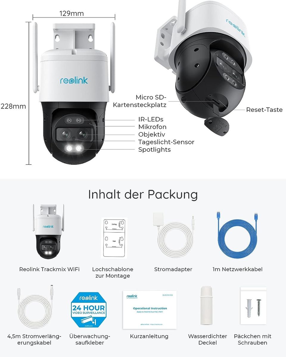 Reolink 4K 8MP PTZ Überwachungskamera Aussen mit Dual-Objektiv, 2,4/5GHz WLAN, Auto-Tracking, Smarte Personen-/Fahrzeug-/Haustiererkennung, 6X Hybrid-Zoom, Farbnachtsicht, 2-Wege-Audio, Trackmix WiFi
