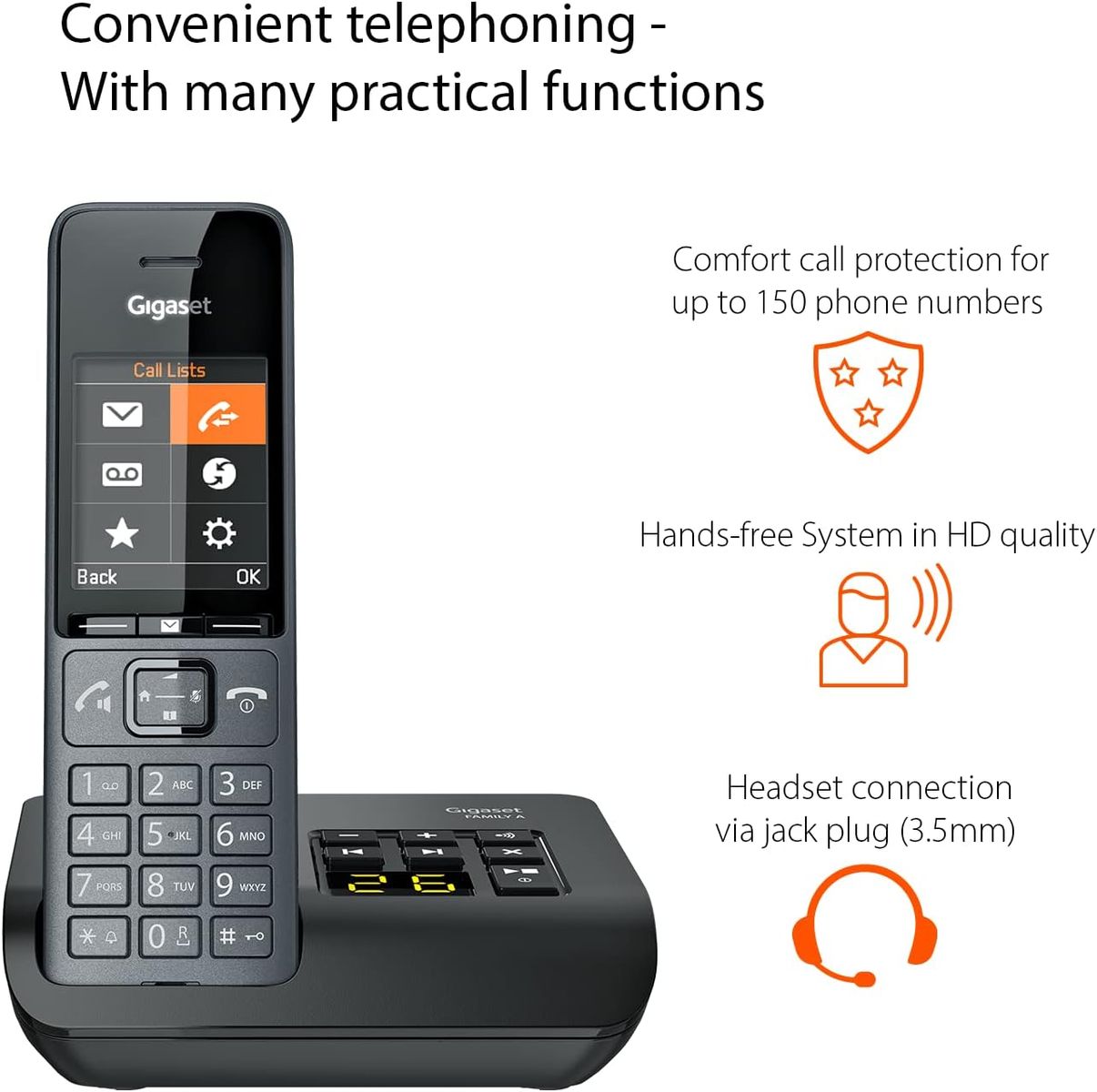 Gigaset Family A Trio Schnurloses DECT-Telefon, 3 Mobilteile, Anrufbeantworter, 2x Ladeschale, 6x AAA Akkus inkl., Schwarz, EU Stecker Typ C