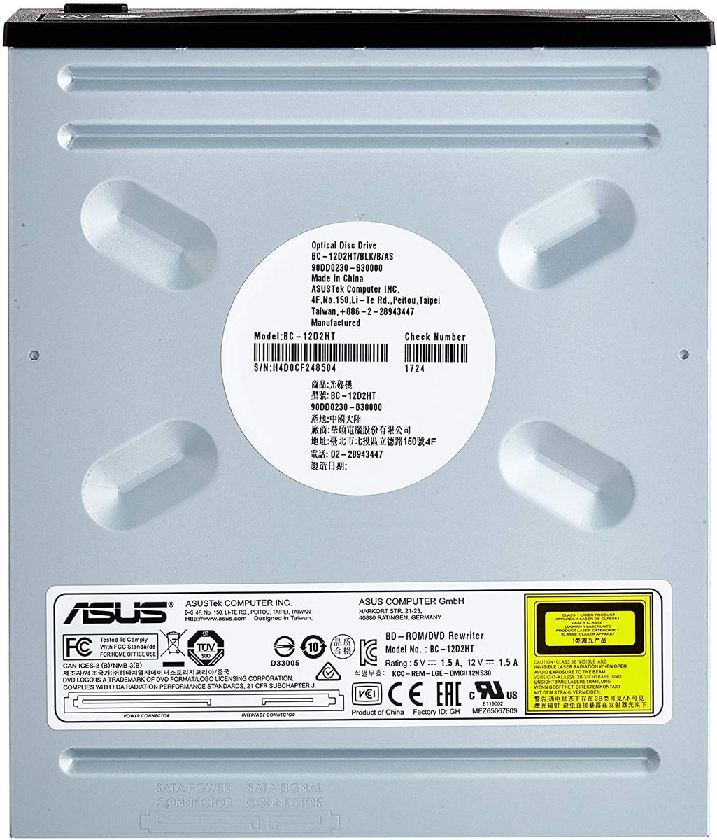 Asus BC-12D2HT Silent internes Blu-Ray Combo Laufwerk (12x BD-R (Lesen), 16x DVD±R (Schreiben), Bulk, BDXL, Sata, Schwarz