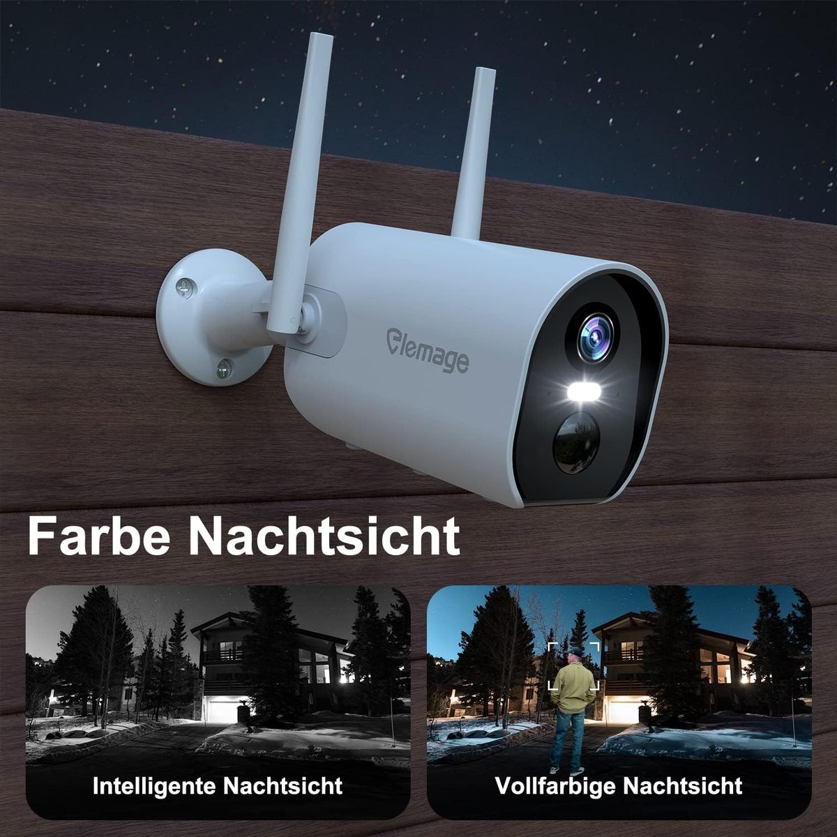 elemage ZS-GX1S 2K Funk-Akku-Überwachungskamera, WLAN, PIR-Bewegungsmelder, Farbnachtsicht, 2-Wege-Audio, IP65