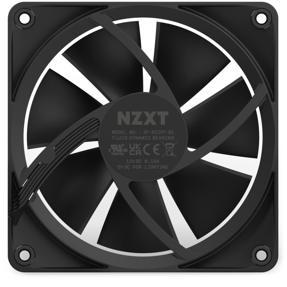 NZXT F120 RGB Gehäuselüfter 120 mm, RGB Beleuchtung, 1800 RPM, 50,18 CFM, 2,7 mmH2O, FDB Lager, 4-Pin, Schwarz