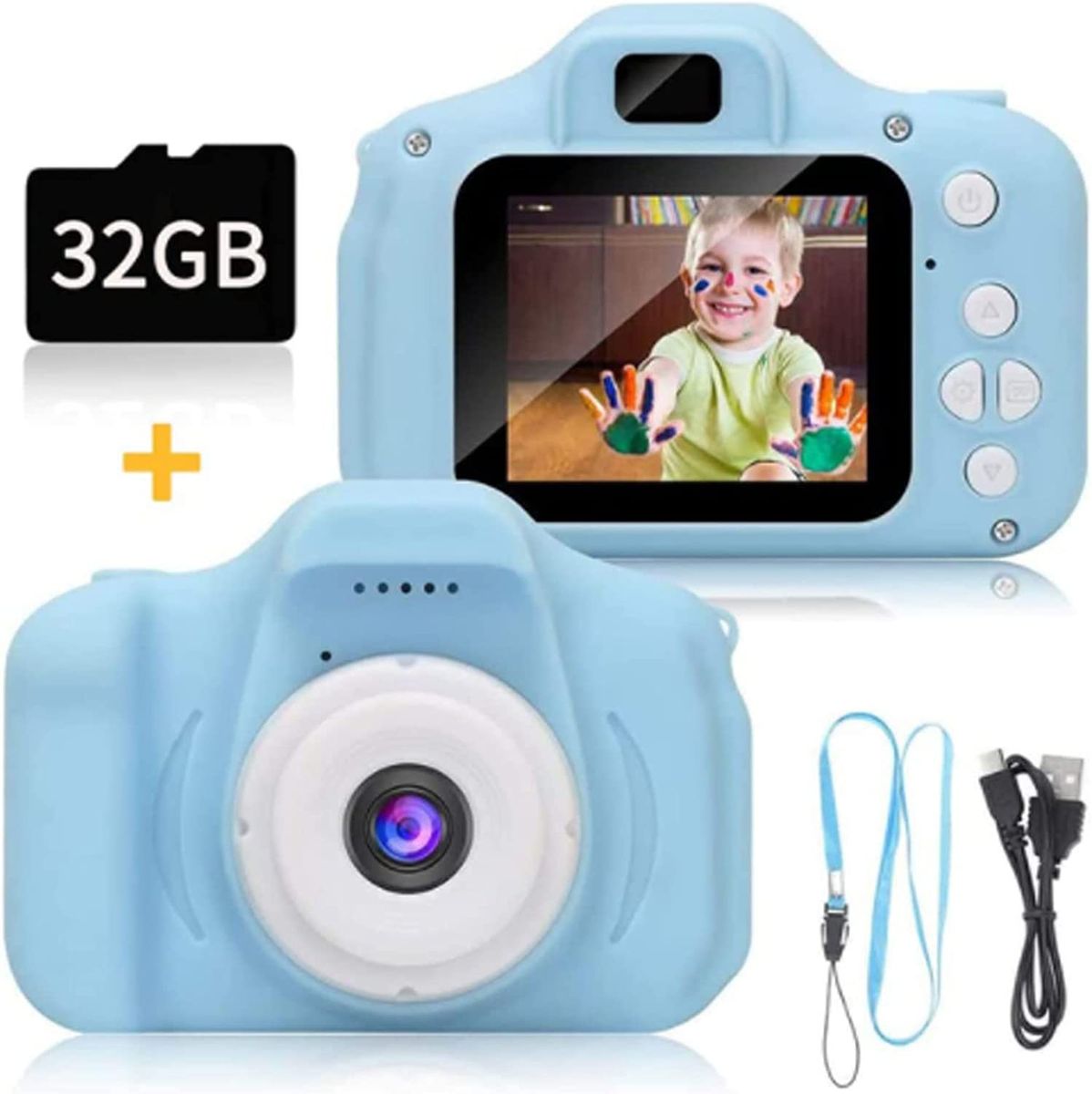 Kinder Kamera, 2,0 Zoll HD-Bildschirm 1080P 32 GB Digital Fotokamera Selfie und Videokamera, Geburtstagsgeschenkspielzeug für Jungen und Mädchen von 3 bis 12 Jahren（Mit Kartenleser ）