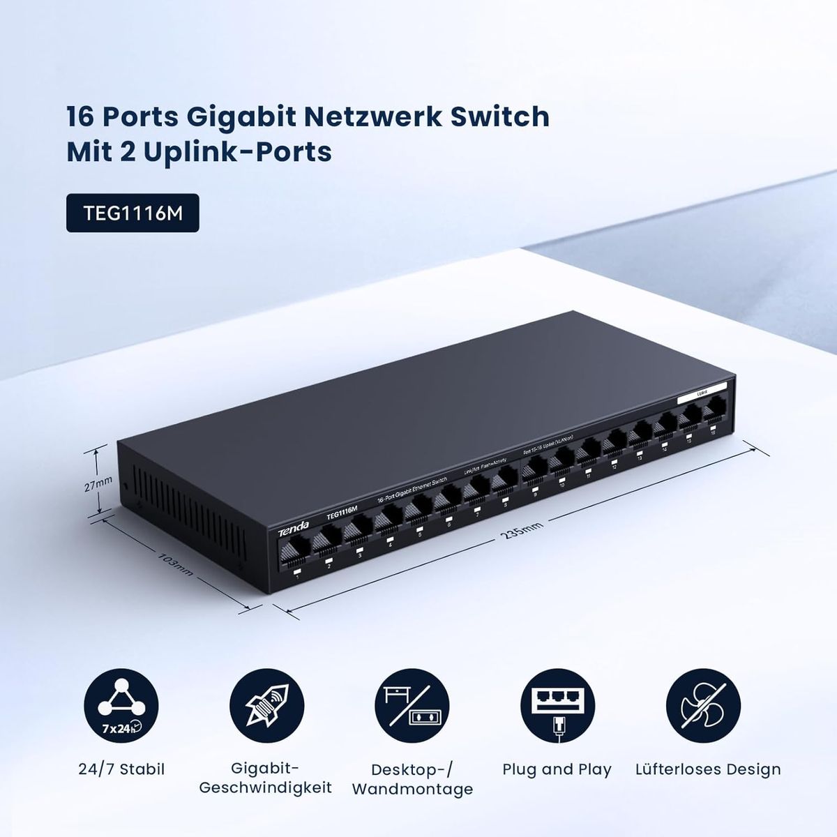 Tenda TEG1116M 16-Port Gigabit Switch, Unmanaged, VLAN, Lüfterlos, Metallgehäuse, Wandmontage, Plug & Play, RJ45, Schwarz
