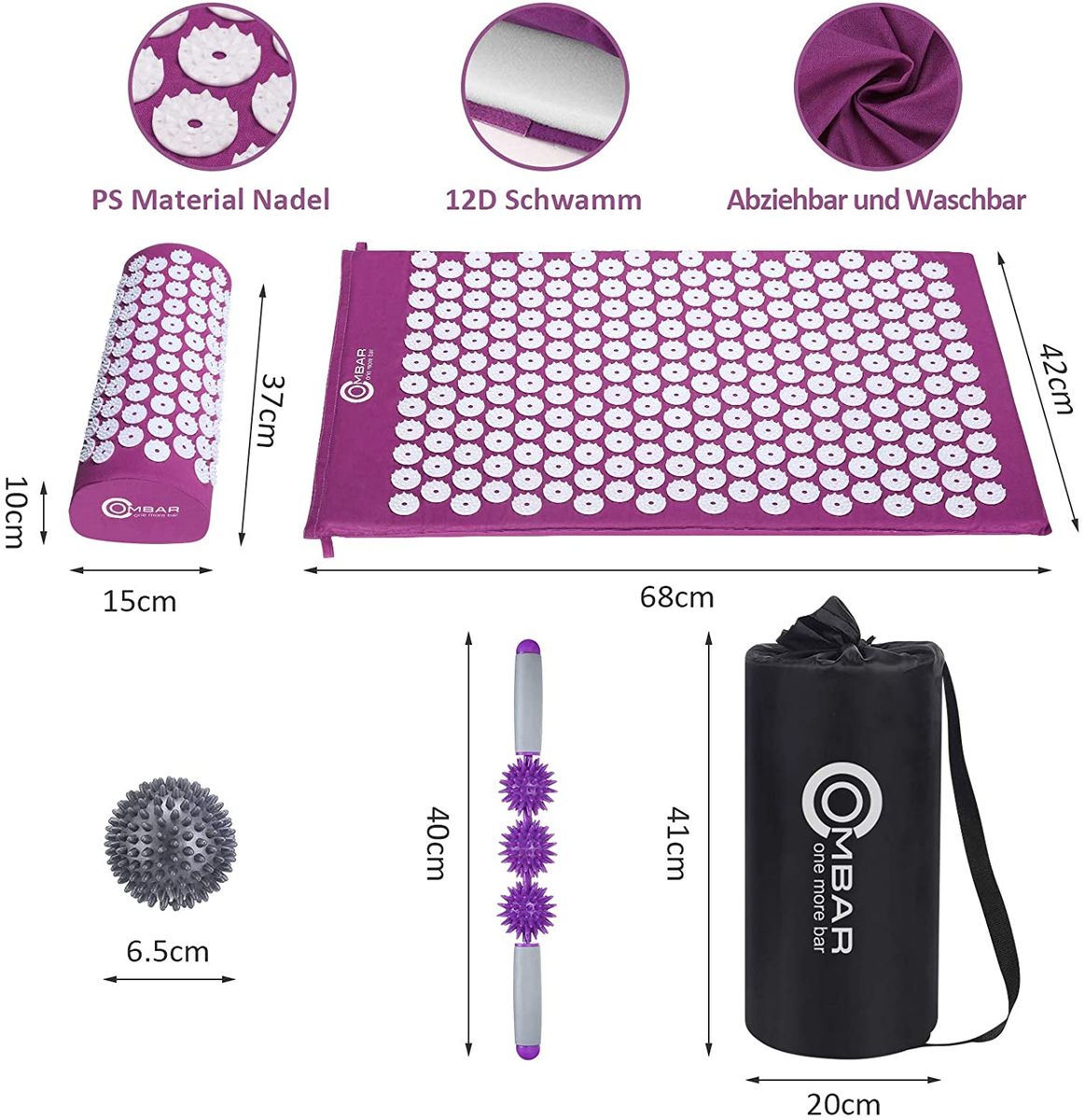 OMBAR Acupressure Set, Acupressure Mat with Pillow and Massage Stick, for Relaxation, Acupressure Pillow for Back and Neck Pain, Massage Mat with Carry Bag (Purple/Purple)