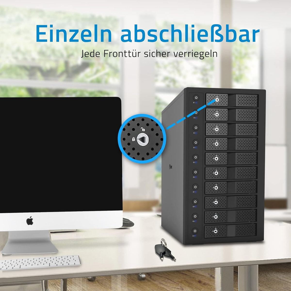 FANTEC 10-Fach Festplattengehäuse USB-C 3.1 Gen2 10G für den Einbau von 10x 3,5/2,5 Zoll SATA I/II/III HDDs/SSDs. Trägerlos, einzeln EIN/ausschalten, verriegelbar, 2X USB Kabel. Metallgehäuse schwarz