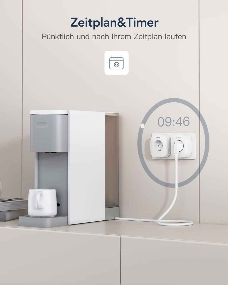 GNCC WLAN Smart Steckdose mit Energieverbrauchskontrolle Fernbedienung & Sprachsteuerung, Intelligente Steckdose Funktioniert mit Alexa/Google Home, Nur 2.4GHz WIFI, 16A 3680W，2 Stücke 2 Packs