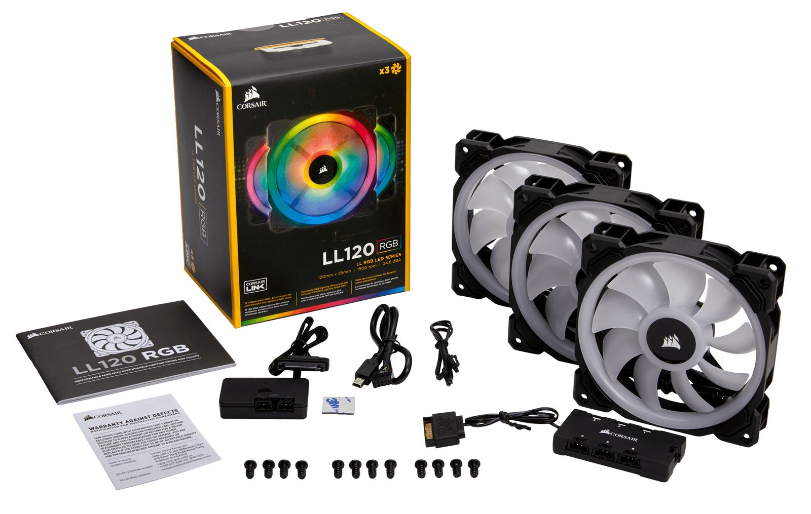 Corsair LL120 RGB 120 mm Gehäuselüfter, PWM, Hydrauliklager, 600-1500 RPM, 24,8 dB, RGB-Beleuchtung, schwarz/weiß
