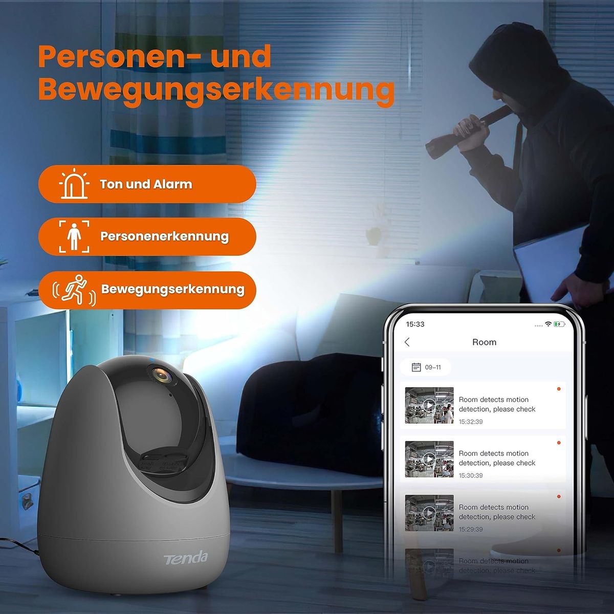 Tenda Überwachungskamera Innen CP3 V2.2, 360 Grad WLAN IP Kamera, 2-Wege-Audio, 1080P, Nachtsicht, Ton & Licht Alarm, Bewegungsverfolgung, Haustierkamera für Hund/Katze, Baby Kamera, Alexa, Grau CP3 Grau