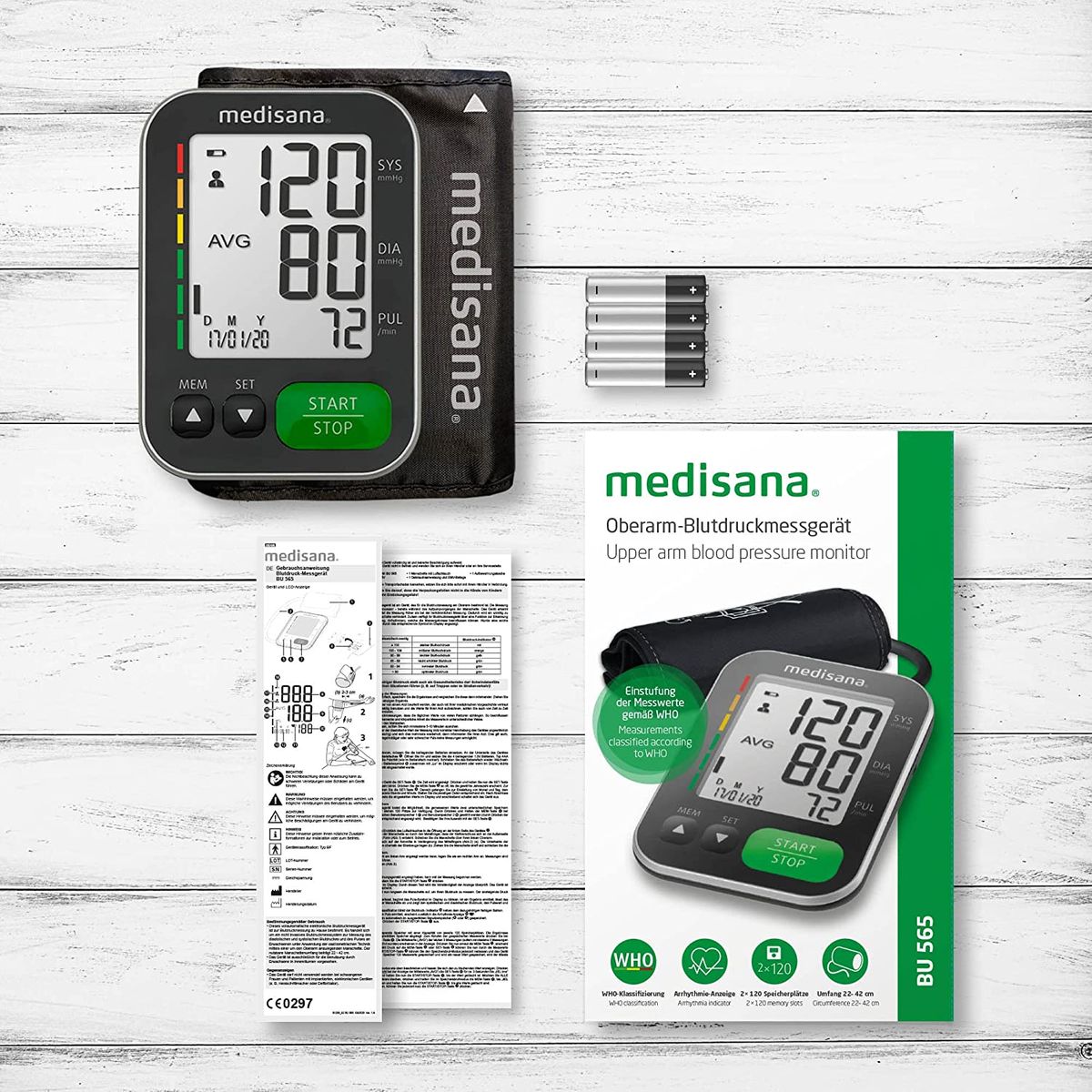 Medisana BU 565 Oberarm-Blutdruckmessgerät, Arrhythmie-Anzeige, WHO-Ampel-Farbskala, IHB-Funktion, für präzise Blutdruckmessung und Pulsmessung mit Speicherfunktion während des Aufpumpens ohne Bluetooth