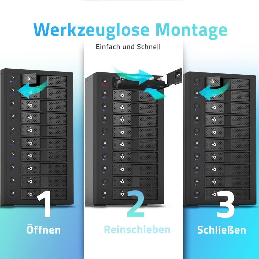 FANTEC 10-Fach Festplattengehäuse USB-C 3.1 Gen2 10G für den Einbau von 10x 3,5/2,5 Zoll SATA I/II/III HDDs/SSDs. Trägerlos, einzeln EIN/ausschalten, verriegelbar, 2X USB Kabel. Metallgehäuse schwarz