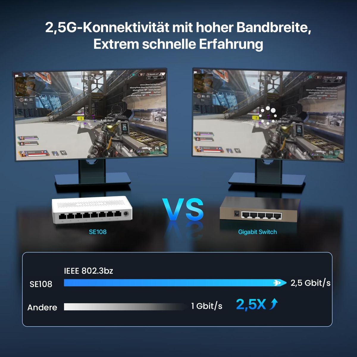 Tenda SE108 2.5 Gbit 8-Port Unmanaged Switch, 8x RJ45 2.5G, Lüfterlos, Plug-and-Play, Desktop-/Wandmontage, Ideal für NAS, Server & Gaming-PC, Weiß