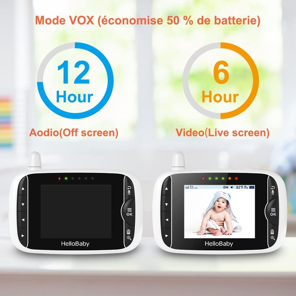 Hellobaby Babyphone Kamera, 3,2 Zoll Baby Phone mit Videokamera, 360° PTZ Babykamera Überwachung mit VOX, Nachtsicht, Temperatursensor, bidirektionales Audio, Videotelefon für Babys