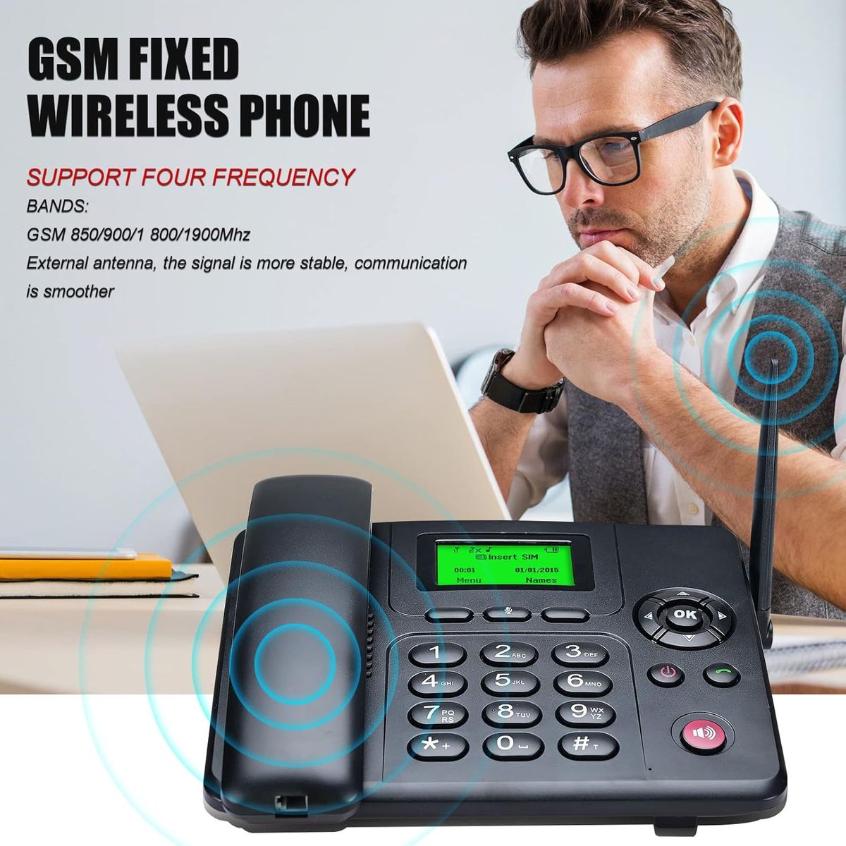 Lychee Quadband GSM Tischtelefon - Dual-SIM, Unterstützung für mehrere Sprachen(Einschließlich Deutsch),Großes Display mit Hintergrundbeleuchtung, Radiofunktion Schwarz 03