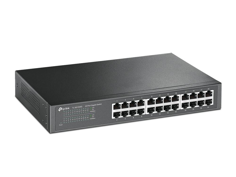 TP-Link TL-SG1024D 24-Port Gigabit Desktop/Rackmount-Switch, Unmanaged, 24x 10/100/1000 Mbps, energiesparend, AC-Netzteil, V10.0 EU