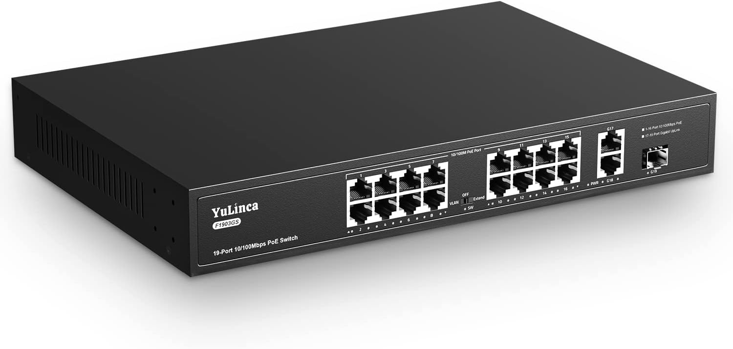 YuLinca 19 Port PoE Switch, IEEE802.3af/at, Max 200W, Port-based VLAN, 250m PoE Extend, RackMount Fanless Unmanaged Ethernet Switch 19 Port | 200W
