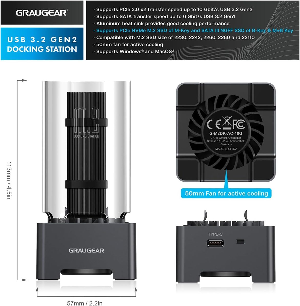 GRAUGEAR G-M2DK-AC-10G Speicherlaufwerk-Docking-Station USB 3.2 Gen 2 (3.1 Gen 2) Type-C Schwarz