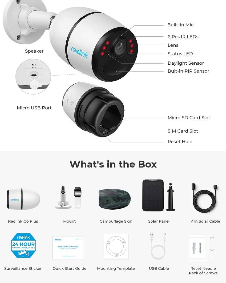 Reolink 3G/4G LTE Überwachungskamera Aussen Akku 2K 4MP mit microSD- und SIM-Kartenslot, Personen-/Autoerkennung, Mobile Solar Kamera Outdoor mit PIR Bewegungsmelder, 2-Wege-Audio, Go Plus+Solarpanel Reolink Go Plus mit Solarpanel