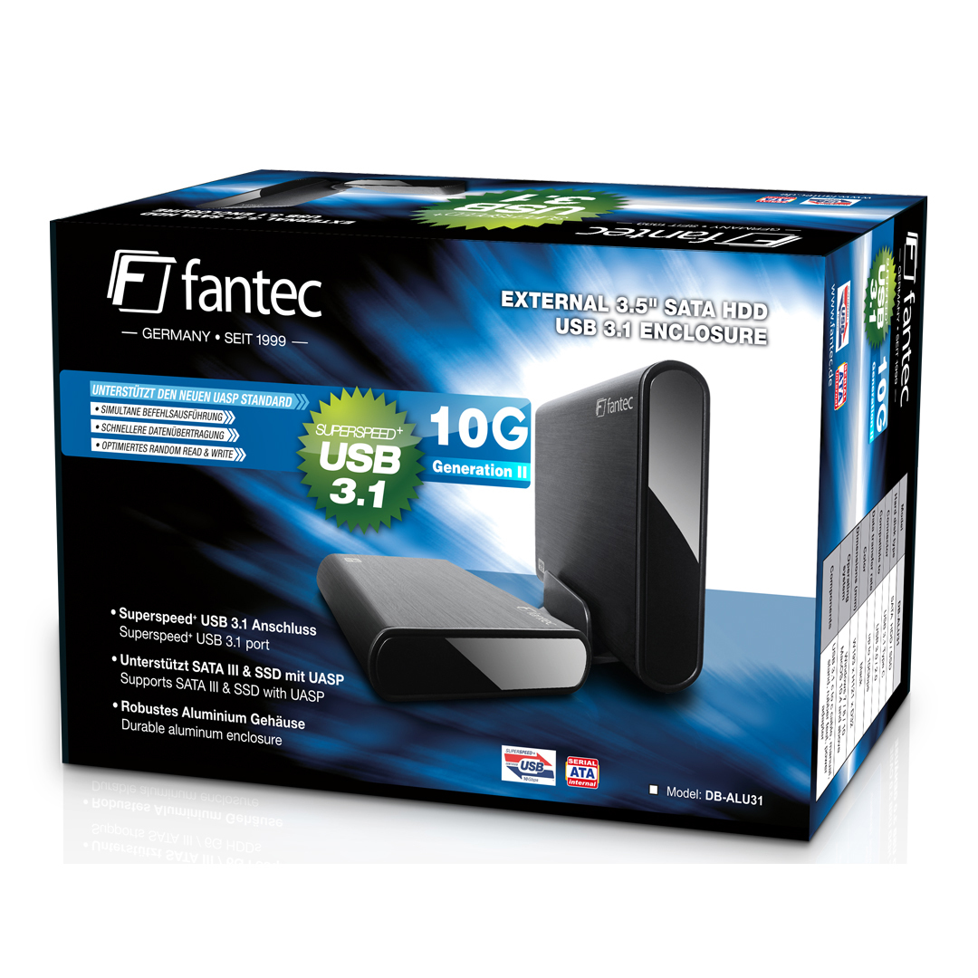 FANTEC 1973 DB-ALU31 Externes Festplattengehäuse (für den Einbau einer 3,5 Zoll und,2,5 Zoll SATA SATA I/II/III HDDs und SSDs Festplatte. Mit USB 3.1 Typ-C SUPERSPEED+ 10G Anschluss, schwarz