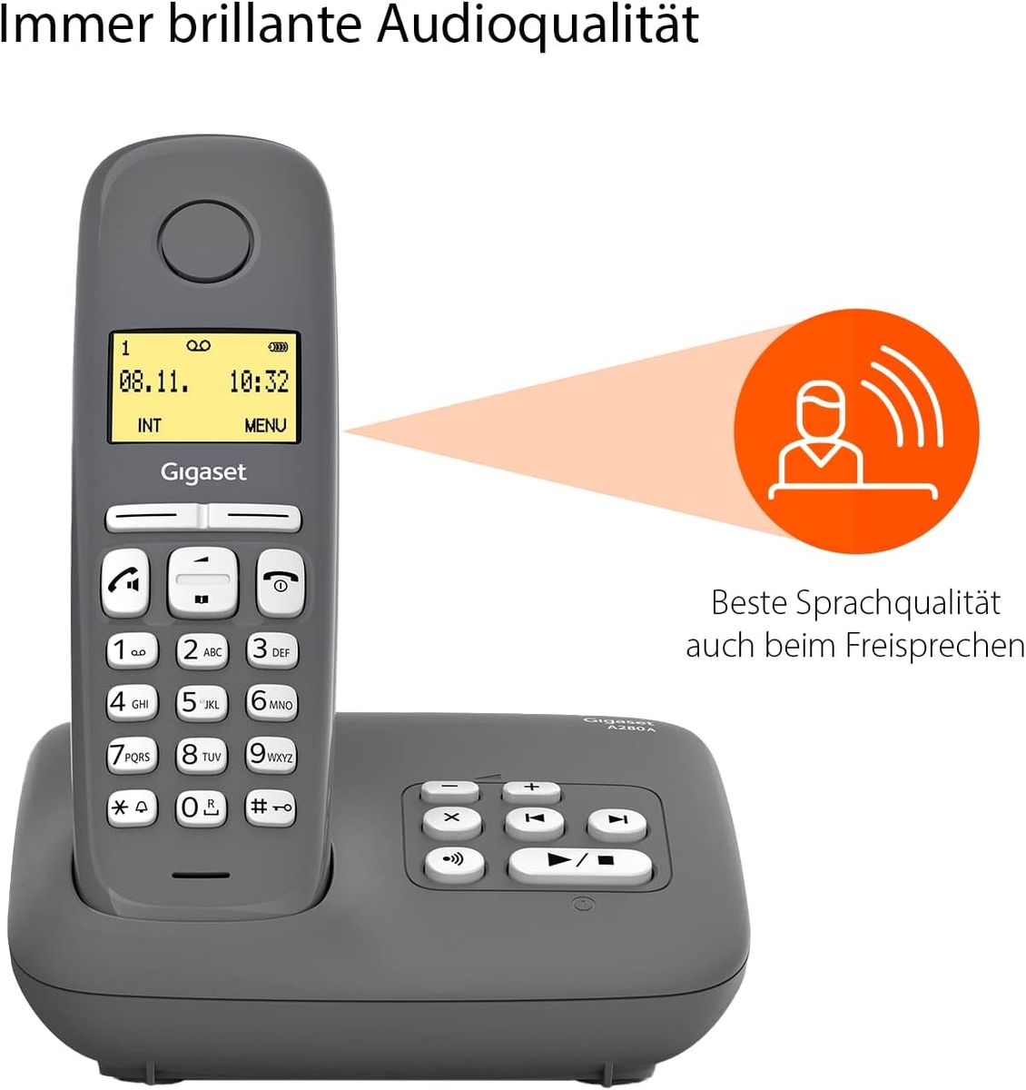 Gigaset A280A Trio - 3 Schnurlose DECT-Telefone mit Anrufbeantworter - brillante Audioqualität auch beim Freisprechen - intuitive, symbolbasierte Menüführung - Kurzwahltasten, dunkelgrau