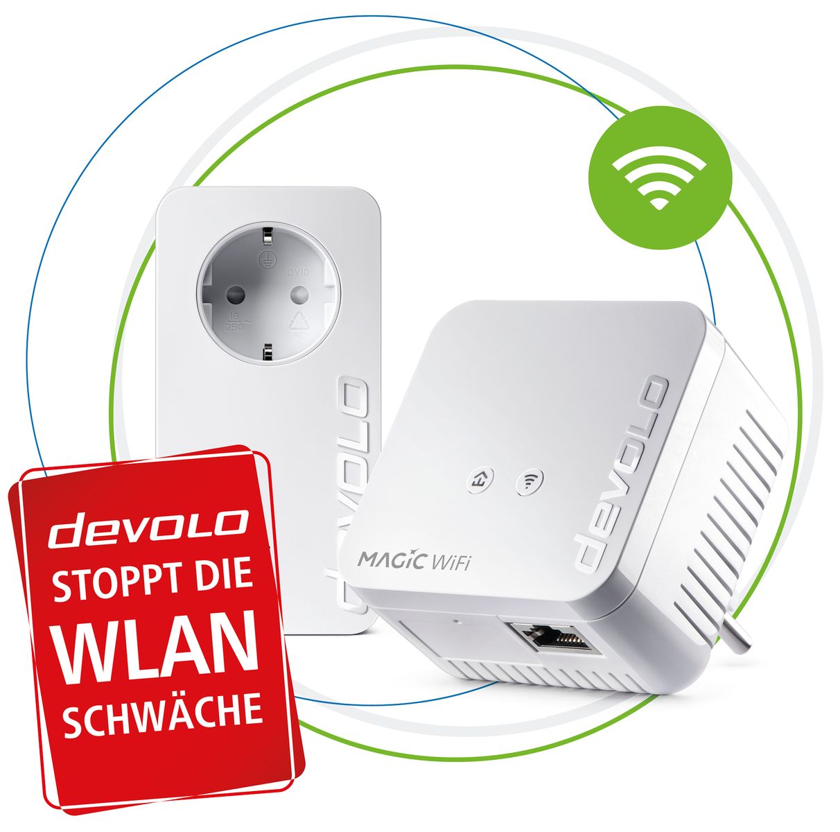 devolo Magic 1 WiFi mini Starter Kit, Powerline Mesh G.hn 1200 Mbit/s, Fast Ethernet, WLAN Wi‑Fi 4, Eingebaute Steckdose, Weiß, 2er-Set