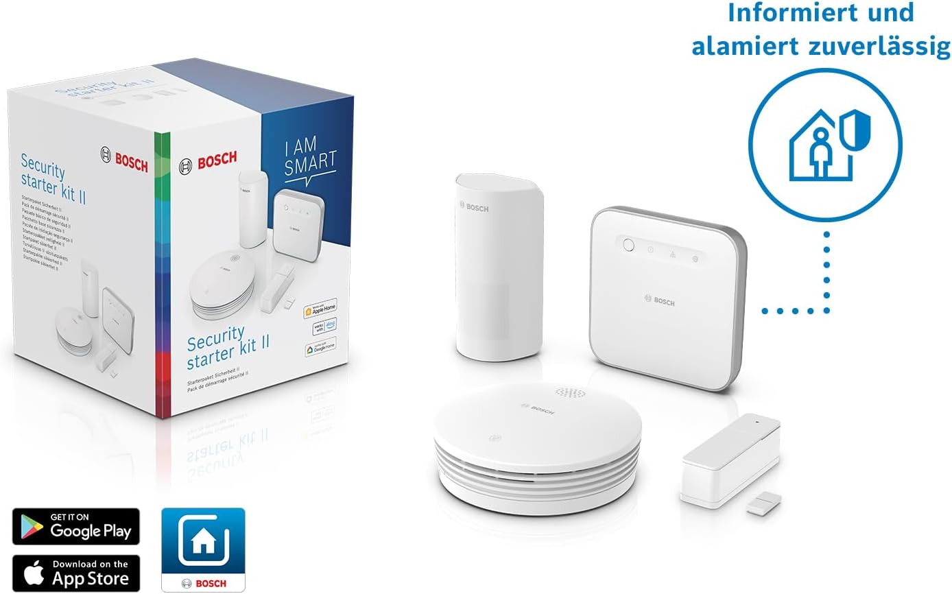 Bosch 8750002656 Smart Home Starter-Paket Sicherheit II, Sicherheits-Set mit Controller, Rauchmelder II, Bewegungssensor, Tür-/Fensterkontakt, Zigbee, Apple HomeKit, Alexa, Google Assistant, EU