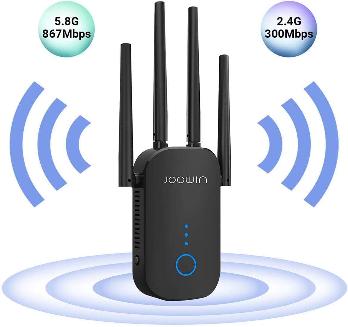 JOOWIN Wi-Fi Repeater 1200 Mbps Amplifier Signal Wi-Fi Band Dual 2.4 GHz 5 GHz Network Extender Wireless Router Access Point 3 modes 4 antennas LAN/WAN WPS