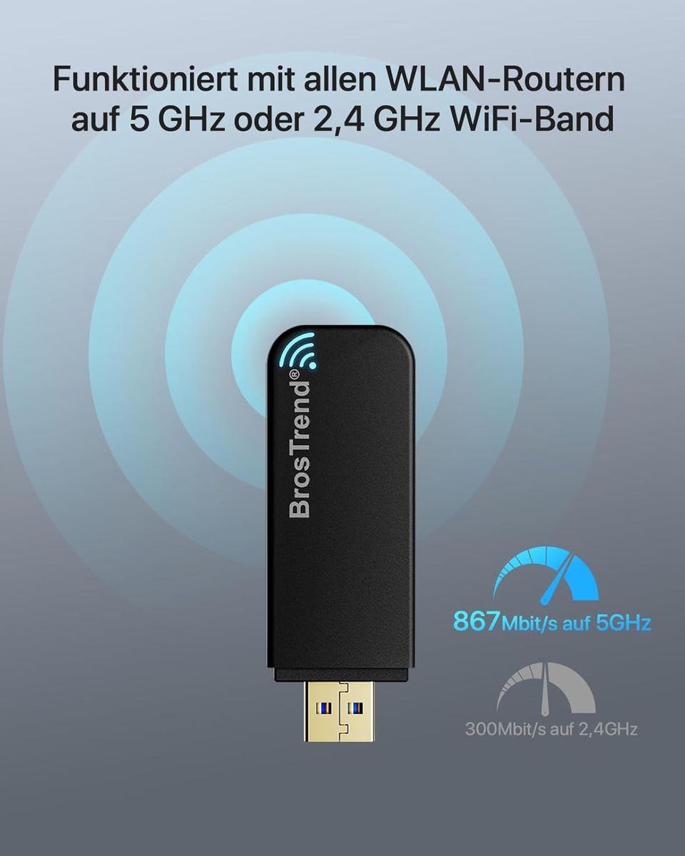 BrosTrend Linux USB WLAN Stick AC1200 für Ubuntu, Mint, Debian, Kubuntu, Mate, LMDE, Zorin, PureOS, Raspberry Pi 2+, Windows 11, USB 3.0 PC, Dual Band 5 GHz/867 Mbit/s + 2,4 GHz/300 Mbit/s