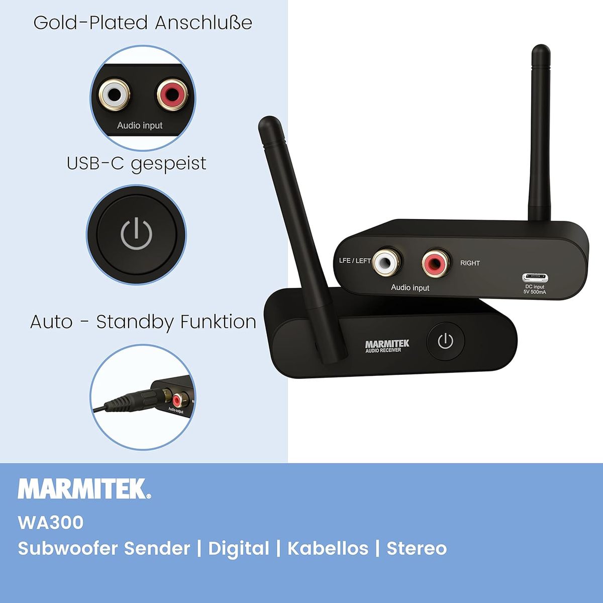 Marmitek WS400 Funk-Subwoofer Transmitter & Receiver, Kabellose Subwoofer-Übertragung (LFE), 3,5mm Klinke/RCA, Plug & Play, EU
