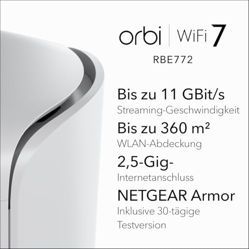 NETGEAR Orbi 770 Mesh-System 2er-Set, Tri-Band (2,4/5/6 GHz) Wi‑Fi 7 (802.11be), 11.000 Mbit/s, WPA3, Ethernet-WAN, Weiß, 540 m² Abdeckung
