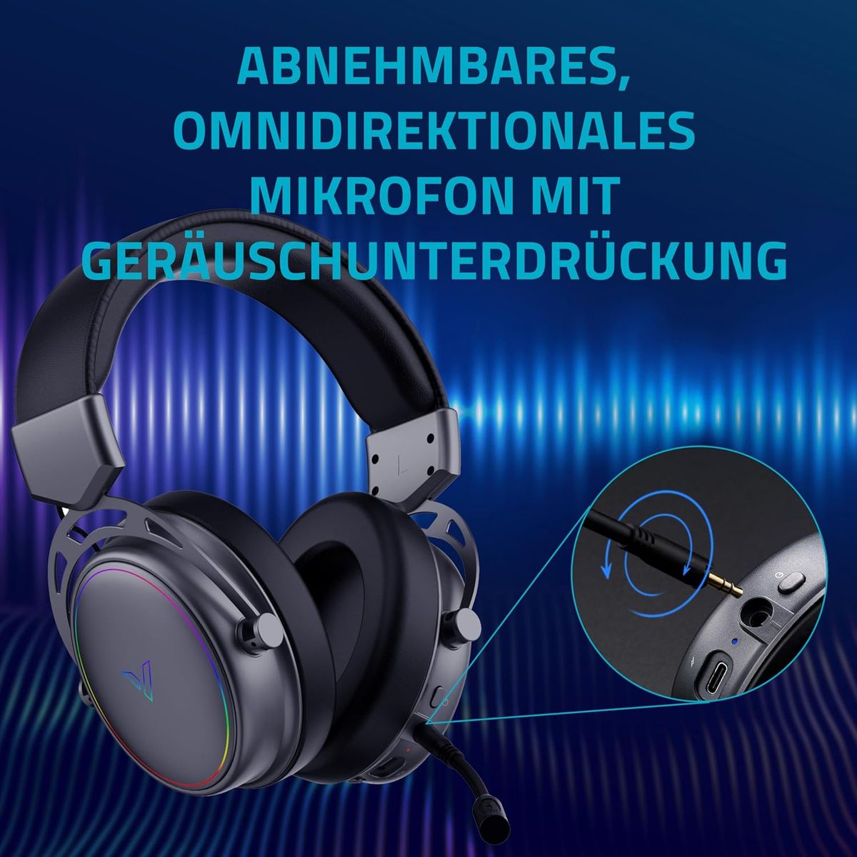 Rapoo VH800 kabelloses Gaming Over-Ear Headset, Flexibles Mikrofon mit Stummschaltung, Ohrpolster Kunstleder, 46h Akku, Headphone Bluetooth und 2,4Ghz PC/Mac/Xbox One/PS4/Nintendo Switch - Space Grey