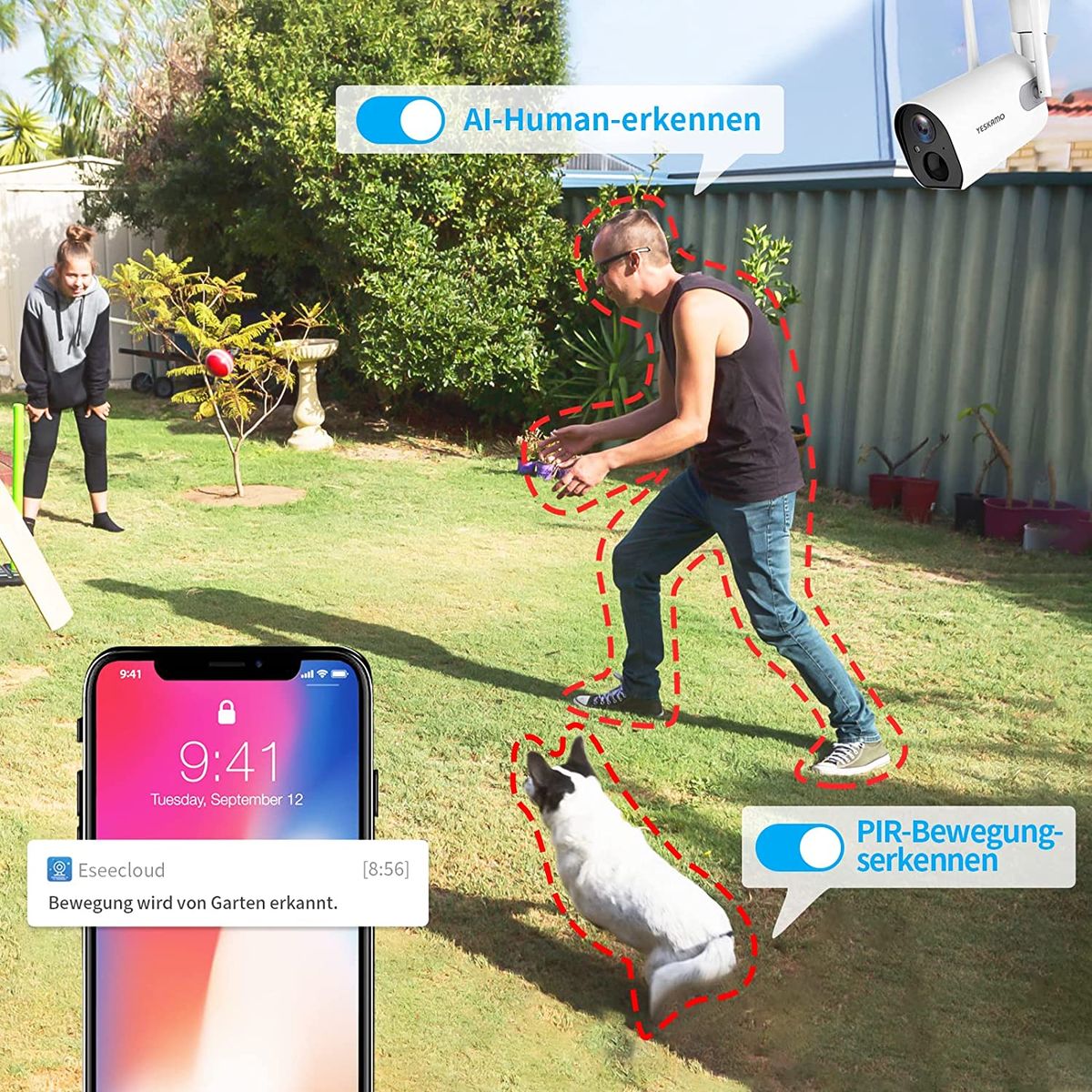YESKAMO Überwachungskamera Aussen mit AKKU 10400mAh IP Kamera mit Solarpanel WLAN 1080P Camera für Heimüberwachung Zwei Wege Audio,Wasserdicht,Nachtsicht