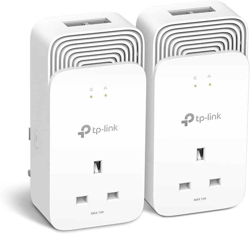 TP-Link PG2400P KIT Powerline-Adapter mit Durchgangssteckdose Typ G (UK), 1428 Mbit/s, 300 m Reichweite, Weiß, 2er-Pack
