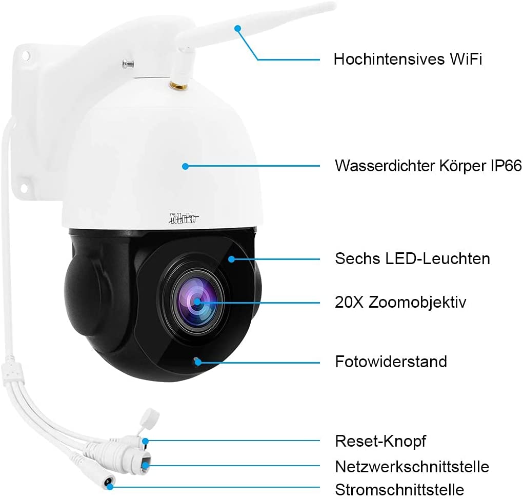 YoLuKe PTZ Wi-Fi IP Surveillance Camera Outdoor 5MP 360° Dome Camera IP66 Waterproof 20x Optical Zoom Built-in Two Way Audio Humanoid Motion Detection 70M IR Night Vision Support 128G Micro SD Card