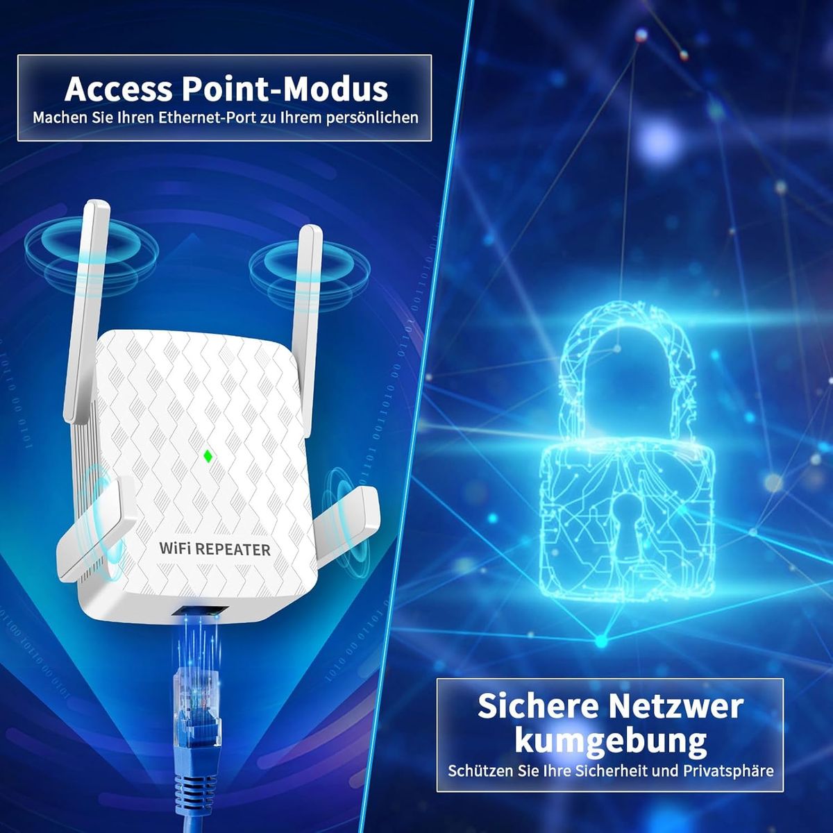 Cinamon Cinamon WLAN Repeater 300 Mbit/s 2,4 GHz, WLAN-Extender mit Ethernet, Abdeckung bis 200 m², 4 Antennen, WPS, Weiß