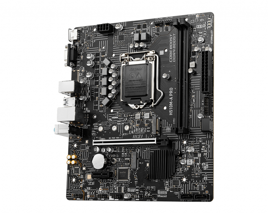 MSI H510M-A PRO Mainboard, Micro-ATX - unterstützt Intel Core Prozessoren der 11. Generation, LGA 1200 - 2 x DIMMs (3200MHz), 1 x PCIe 4.0 x16, 1 x M.2 Gen3, USB 3.2 Gen1, 1G LAN, HDMI 2.0b