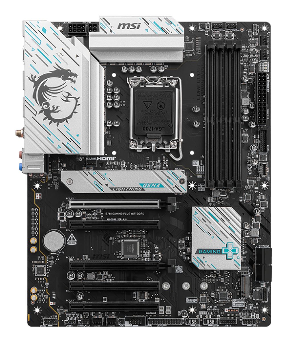 MSI B760 GAMING PLUS WIFI DDR4 Mainboard, Intel LGA 1700, ATX, DDR4 bis 128 GB, Wi‑Fi 6 (802.11ax), Bluetooth 5.3, 2.5GbE, M.2, HDMI 2.1