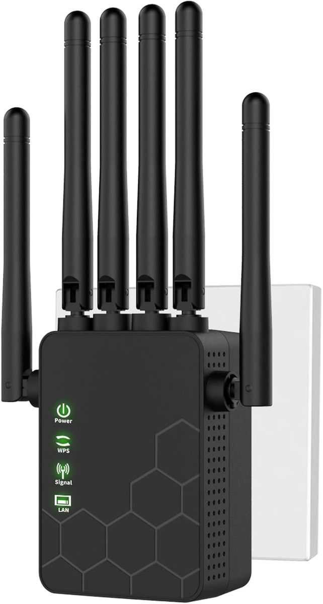 Générique QS3 WLAN-Repeater 2,4 GHz 300 Mbit/s, 6 Antennen, 2 LAN-Ports, Repeater/AP/Router-Modus, WiFi-Extender, Schwarz