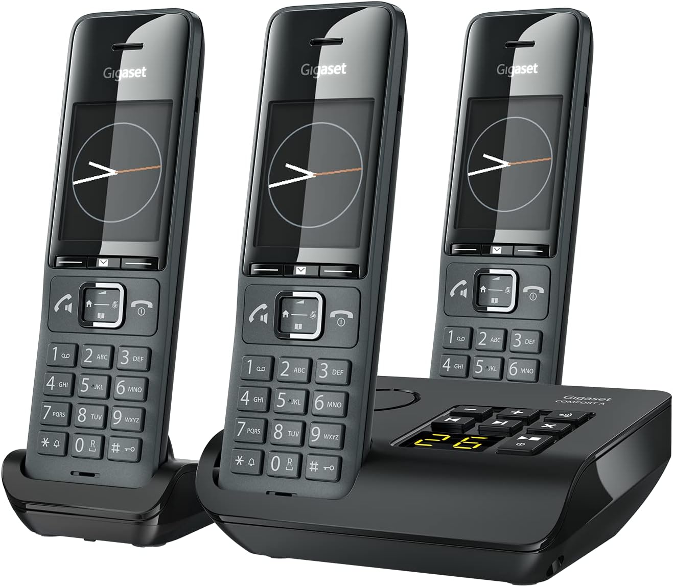 Gigaset Comfort 520A Trio – 3 schnurlose Handys mit Telefonsekretariat, Audio mit Freisprechfunktion – Anrufschutz – Adressbuch mit 200 Kontakten, schwarz, 5,2 x 2,6 x 16,1 cm; 116 Gramm
