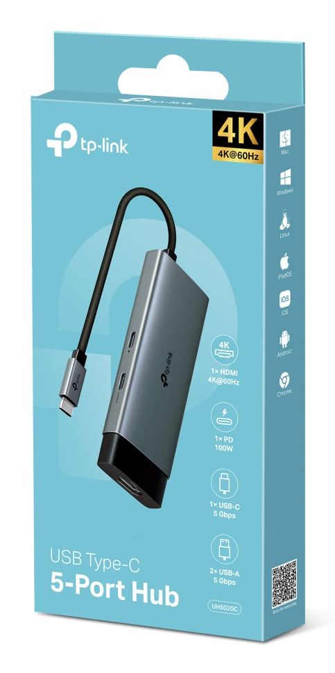 TP-Link UH5020C Schnittstellen-Hub USB Typ-C, HDMI 4K@60Hz, USB 3.2 Gen1 5 Gbit/s, Power Delivery 100W, Grau Aluminium, V1.0