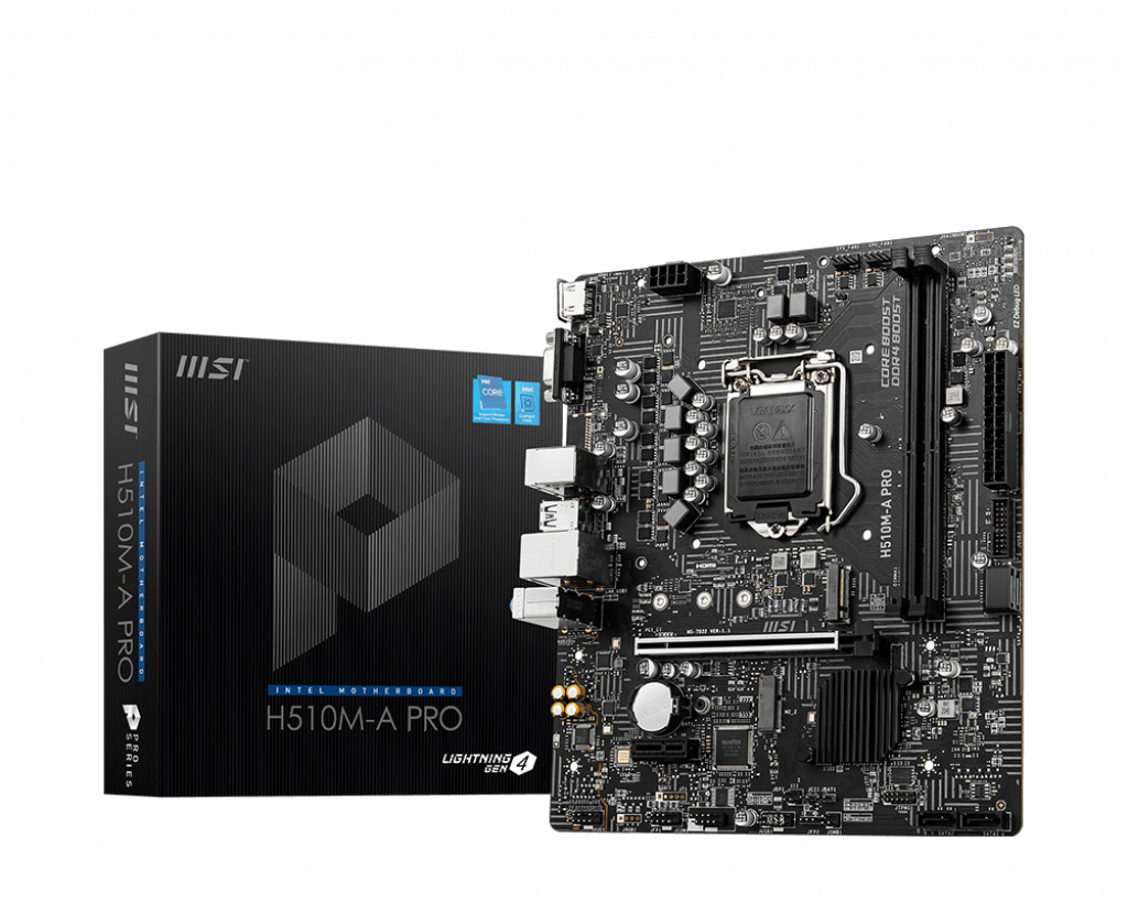 MSI H510M-A PRO Mainboard, Micro-ATX - unterstützt Intel Core Prozessoren der 11. Generation, LGA 1200 - 2 x DIMMs (3200MHz), 1 x PCIe 4.0 x16, 1 x M.2 Gen3, USB 3.2 Gen1, 1G LAN, HDMI 2.0b