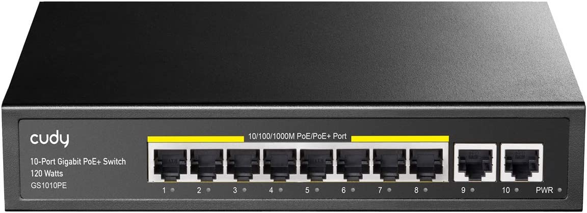Cudy 8 Port Gigabit PoE Switch, 120 Watts PoE Budget, 8 10/100/1000Mbps PoE+ Ports, 2 Gigabit Uplink Ports , 802.3at, 802.3af, 1/2 (+), 3/6 (-), Fanless, Plug and Play, GS1010PE